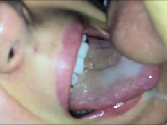 He releases his load of cum on her tongue