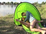 Hd tranny solo cum Eveline getting torn up on camping site