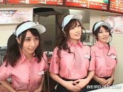 Asian busty teen trio flashing tits at the fast food