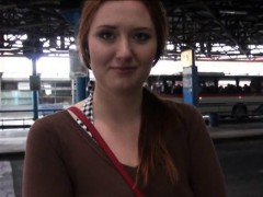 Helen flashes her big tits and fucked in the bus station